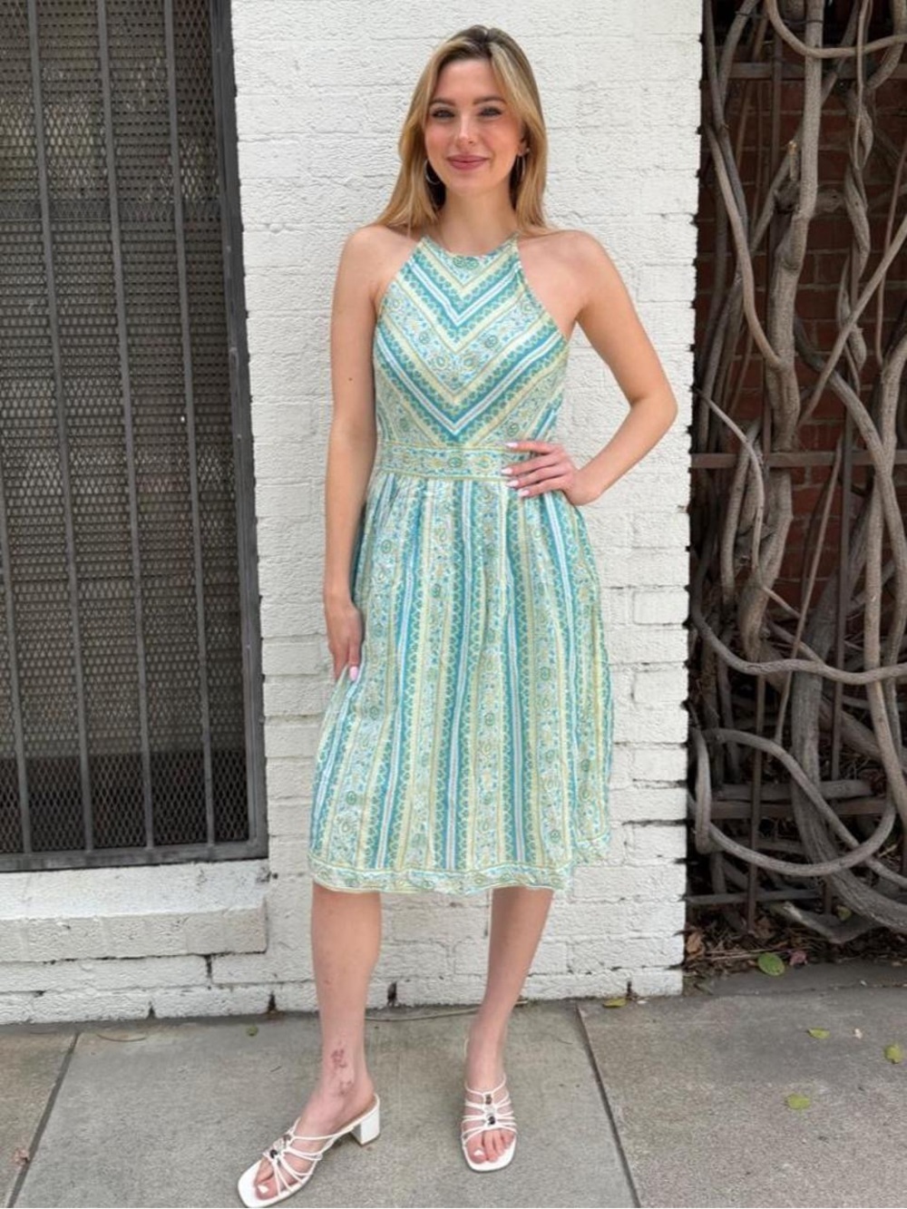 Ann Taylor blue and green striped floral halter top midi dress sz 4 #church